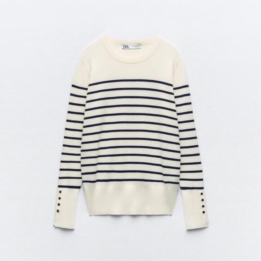 Zara Womens Medium Golden Button Round Neck Long Sleeves Sweater Stripes Cream